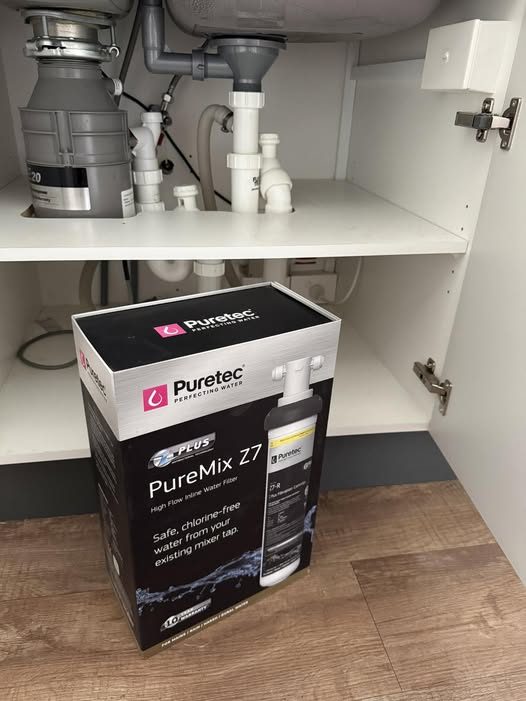 Puretec inline water filter ready to plumb in under a Christchurch kitchen bench